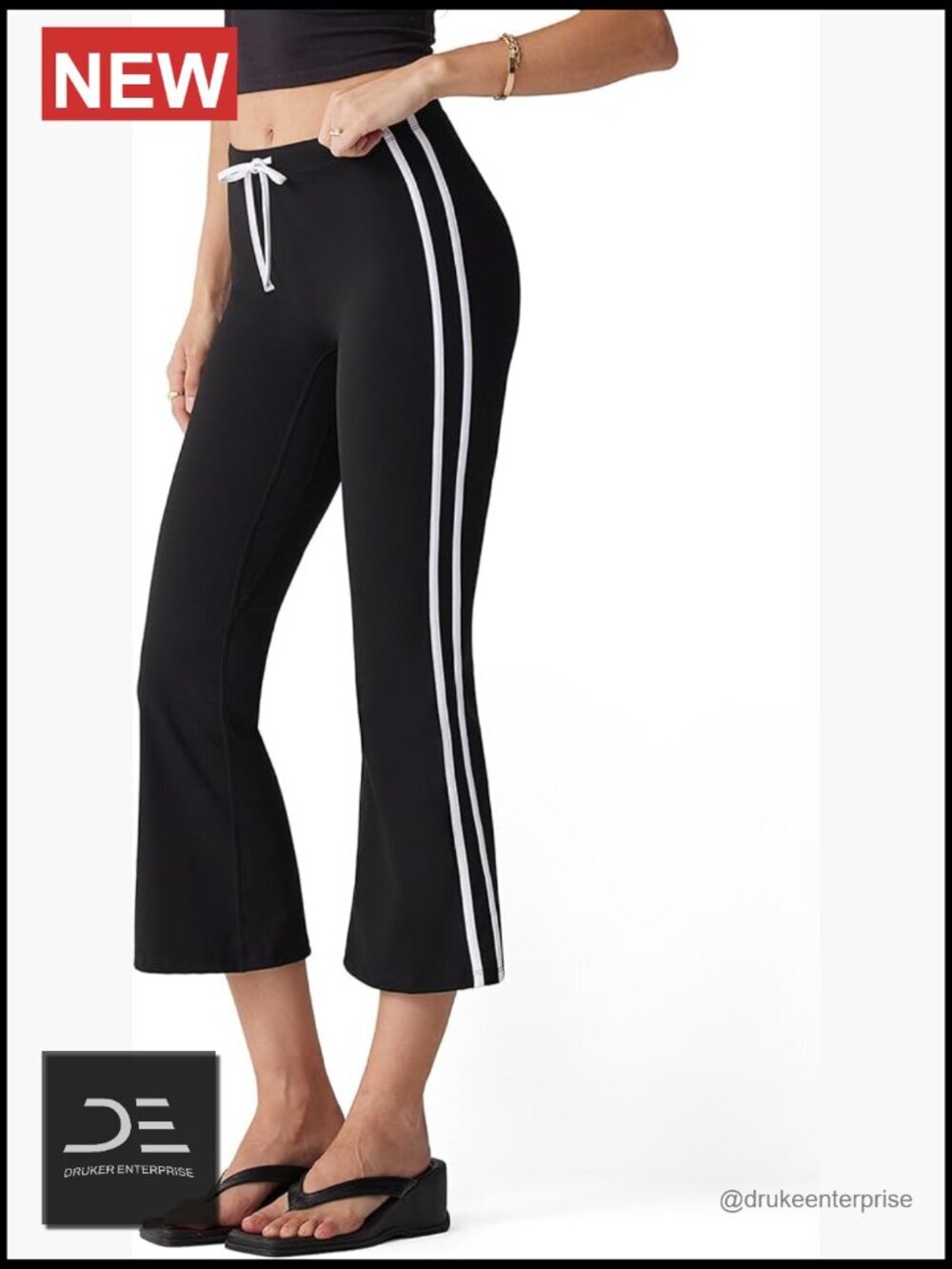 High Waisted Flare Capri Yoga Pants with Side Stripe Drawstring